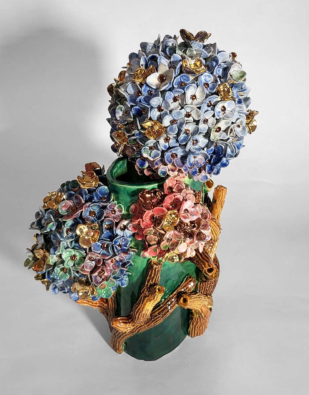 Enamelled Ceramic hydrangea Vase with Gold - Unique Handcrafted Piece