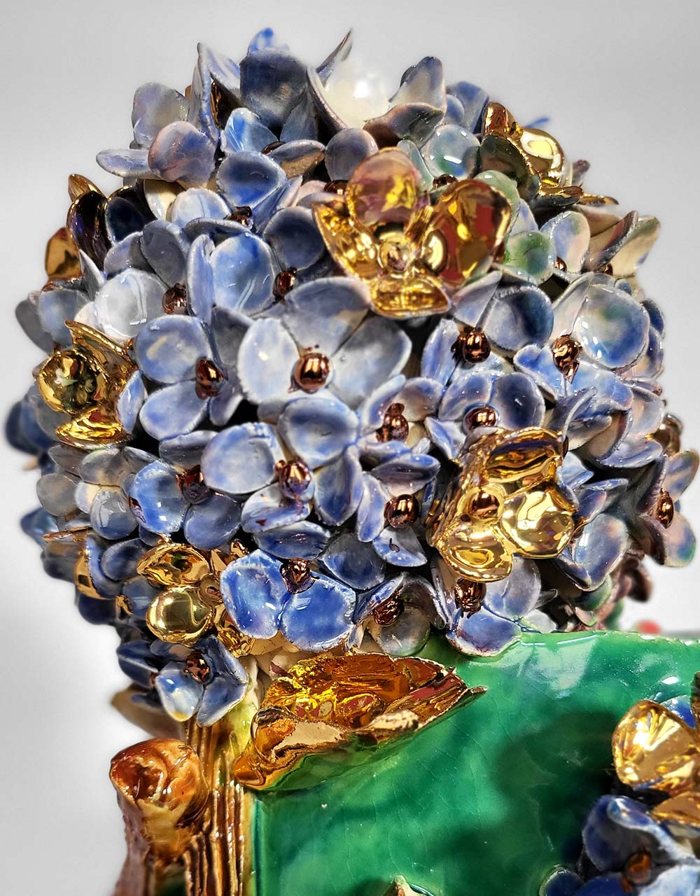 Enamelled Ceramic hydrangea Vase with Gold - Unique Handcrafted Piece