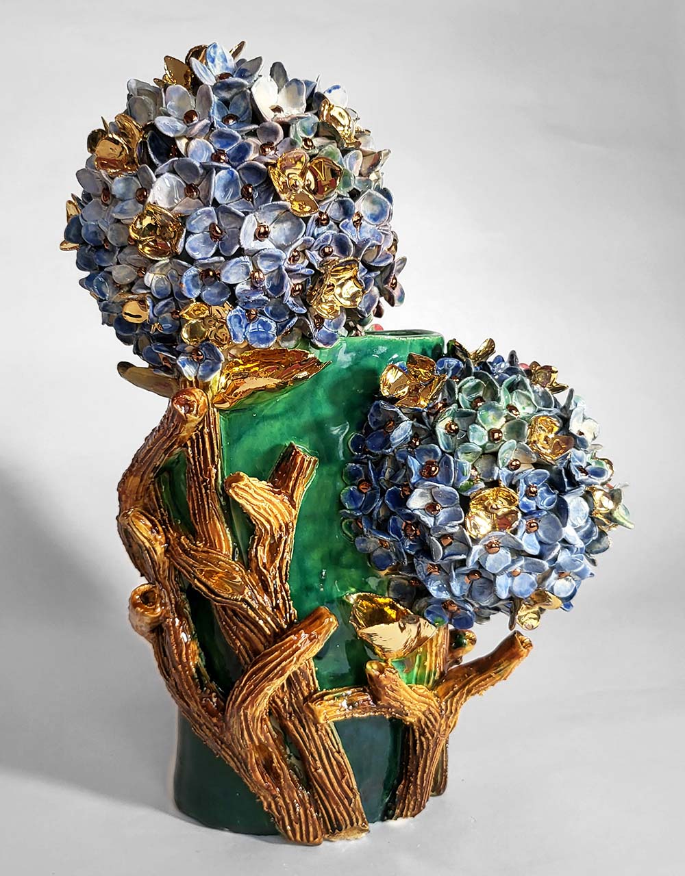 Enamelled Ceramic hydrangea Vase with Gold - Unique Handcrafted Piece
