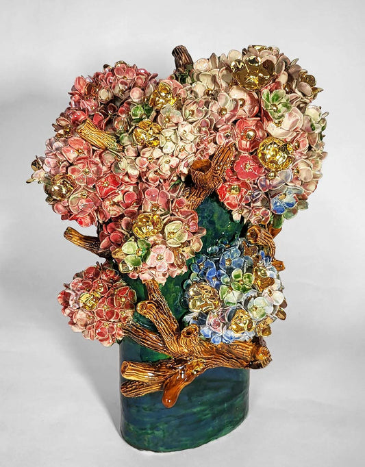 Enamelled Ceramic hydrangea Vase with Gold - Unique Handcrafted Piece