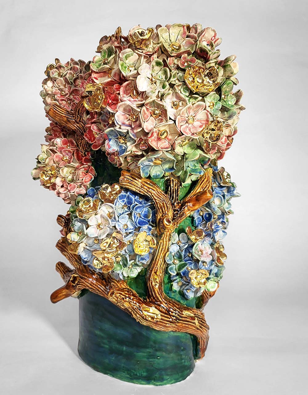 Enamelled Ceramic hydrangea Vase with Gold - Unique Handcrafted Piece