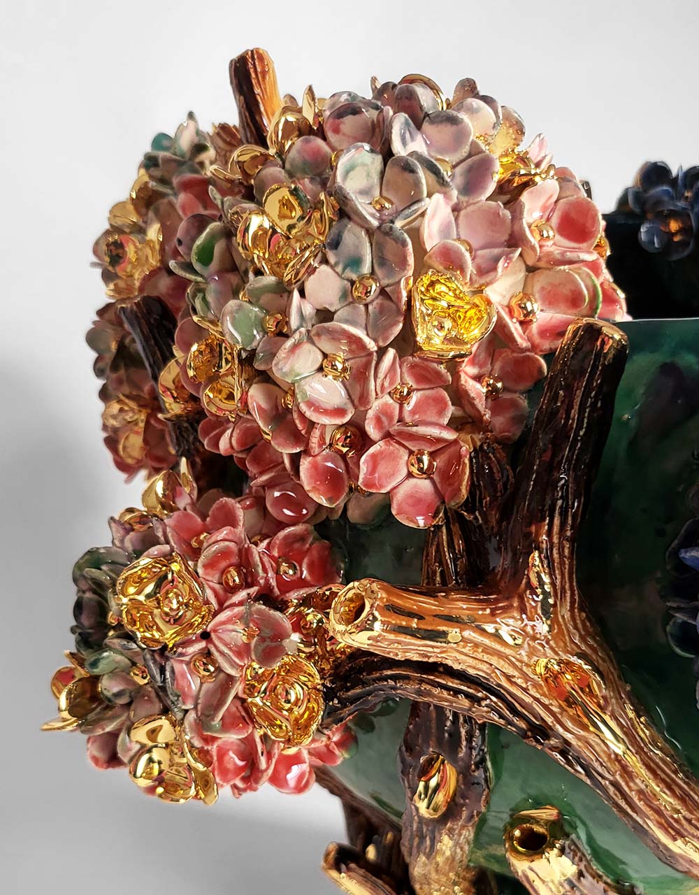 Enamelled Ceramic hydrangea Vase with Gold - Unique Handcrafted Piece