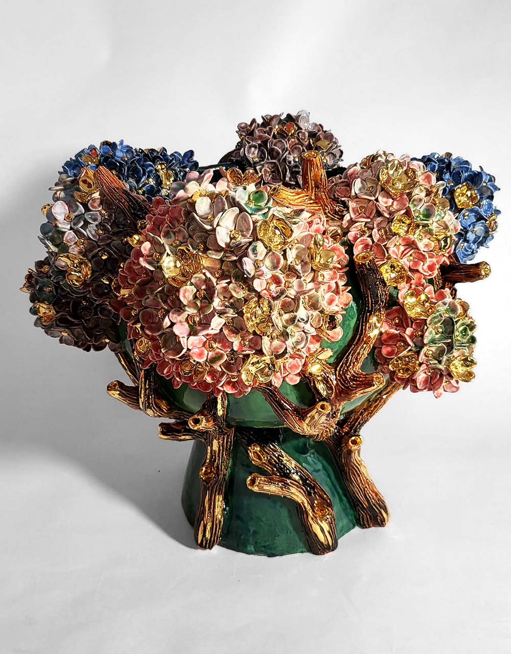 Enamelled Ceramic hydrangea Vase with Gold - Unique Handcrafted Piece