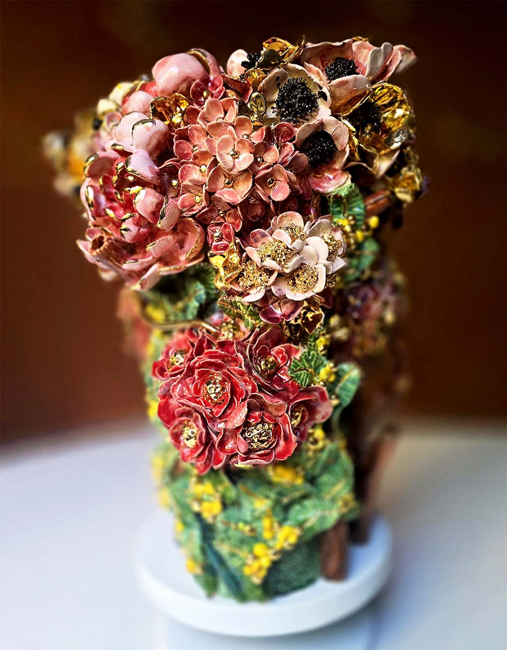 Enamelled Ceramic hydrangea vase/sculpture with Gold - Unique Handcrafted Piece