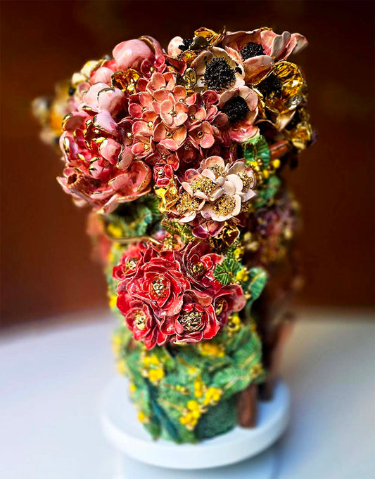 Enamelled Ceramic hydrangea vase/sculpture with Gold - Unique Handcrafted Piece