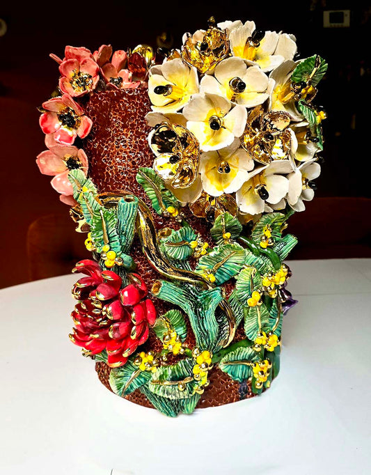 Enamelled Ceramic hydrangea vase/sculpture with Gold - Unique Handcrafted Piece