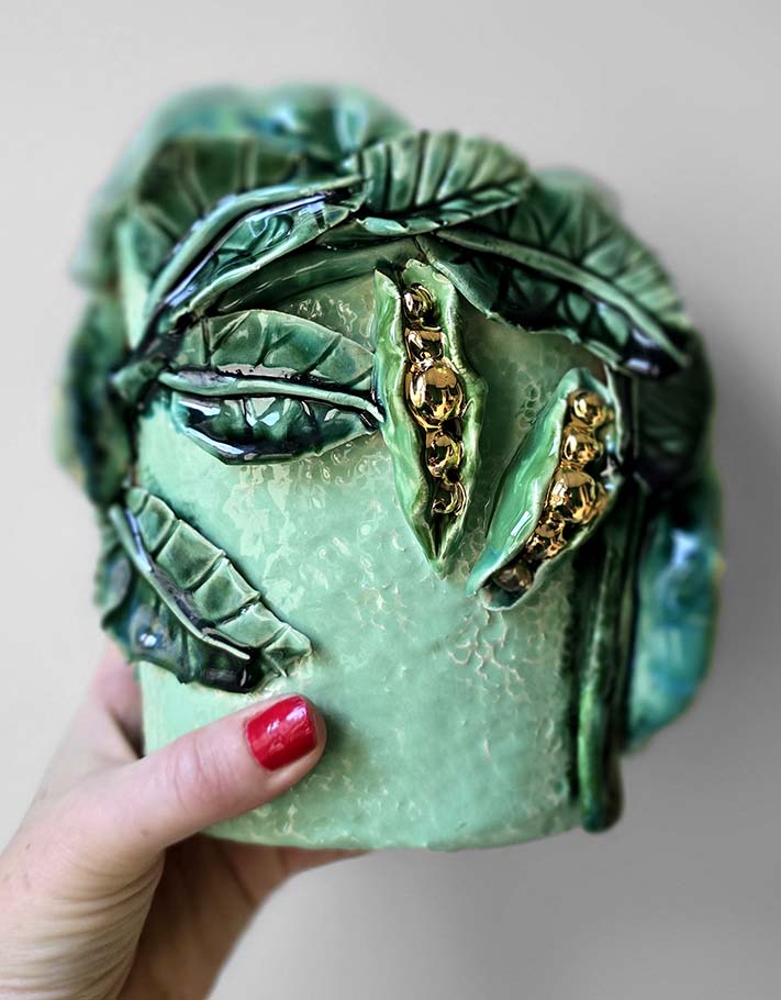 Enamelled Ceramic peas vase/sculpture with Gold - Unique Handcrafted Piece