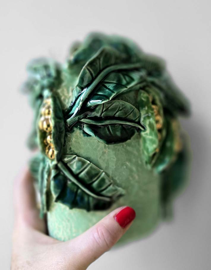 Enamelled Ceramic peas vase/sculpture with Gold - Unique Handcrafted Piece