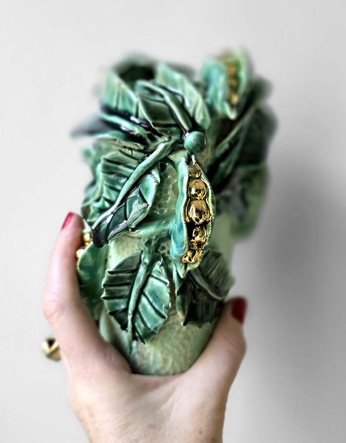 Enamelled Ceramic peas vase/sculpture with Gold - Unique Handcrafted Piece