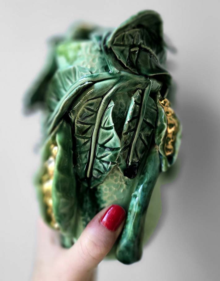Enamelled Ceramic peas vase/sculpture with Gold - Unique Handcrafted Piece