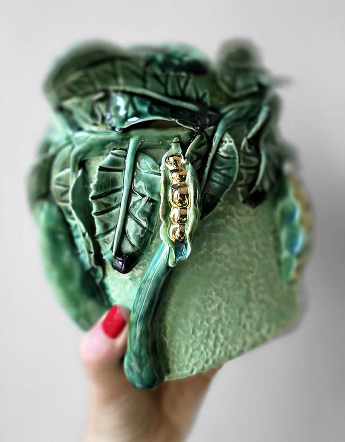 Enamelled Ceramic peas vase/sculpture with Gold - Unique Handcrafted Piece