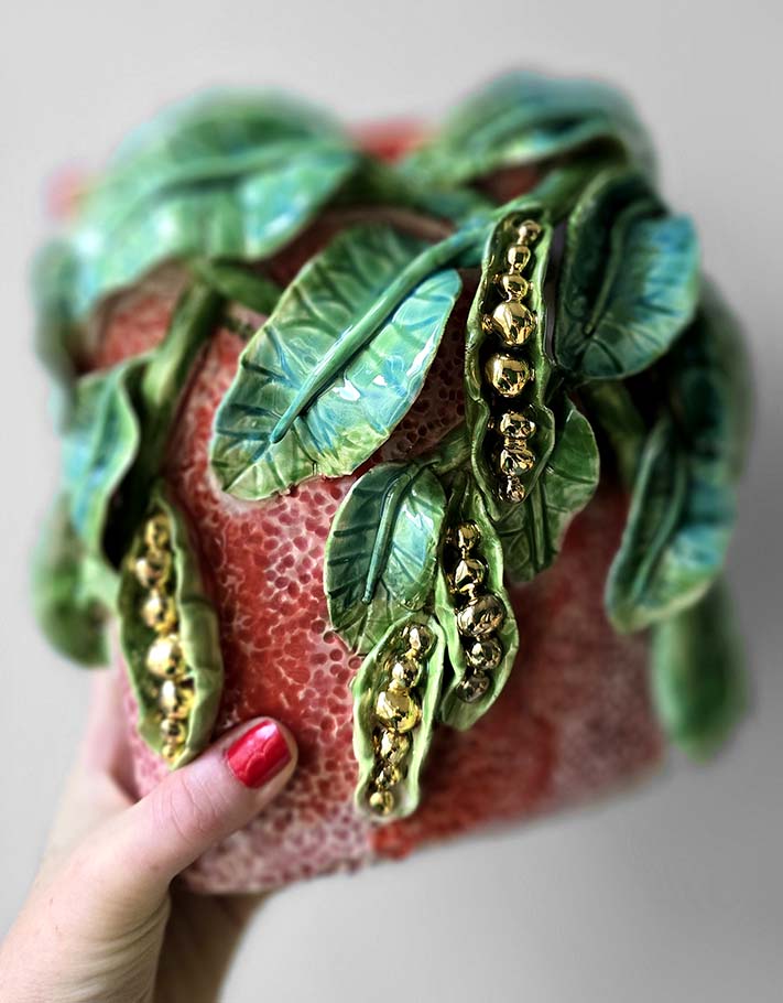 Enamelled Ceramic peas vase/sculpture with Gold - Unique Handcrafted Piece