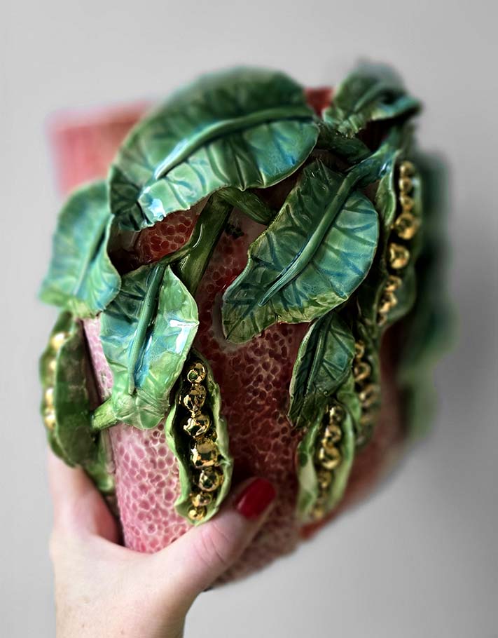 Enamelled Ceramic peas vase/sculpture with Gold - Unique Handcrafted Piece