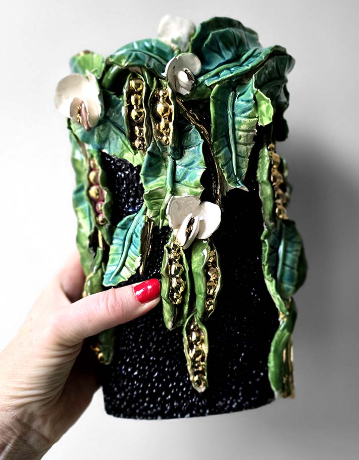 Enamelled Ceramic peas vase/sculpture with Gold - Unique Handcrafted Piece