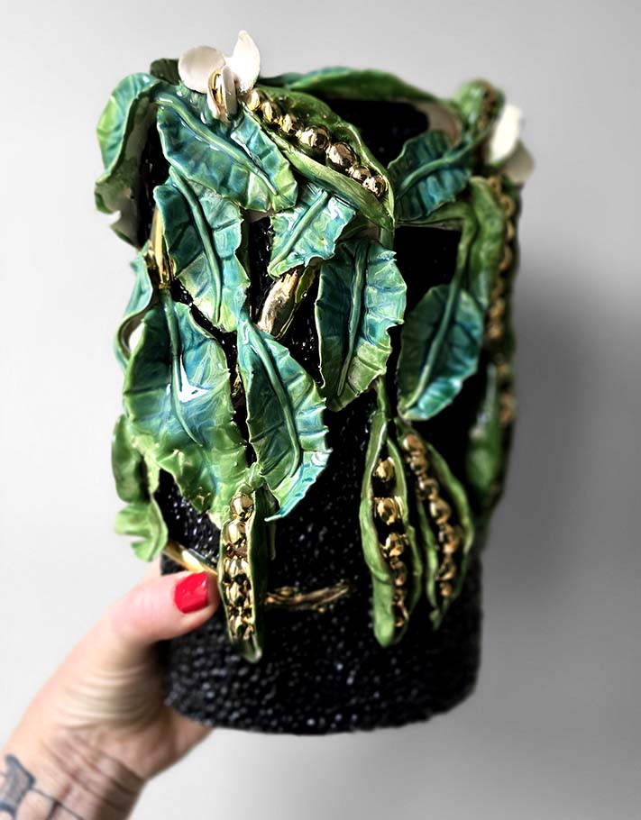 Enamelled Ceramic peas vase/sculpture with Gold - Unique Handcrafted Piece