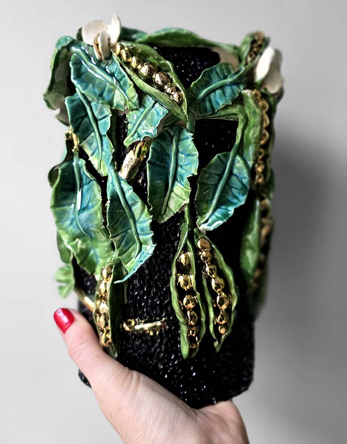 Enamelled Ceramic peas vase/sculpture with Gold - Unique Handcrafted Piece