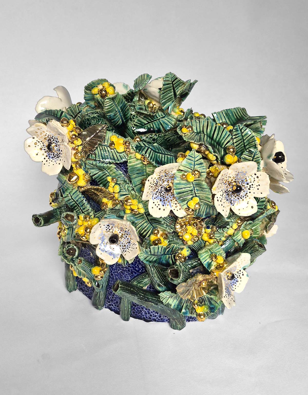 Enamelled Ceramic peas vase/sculpture with Gold - Unique Handcrafted Piece