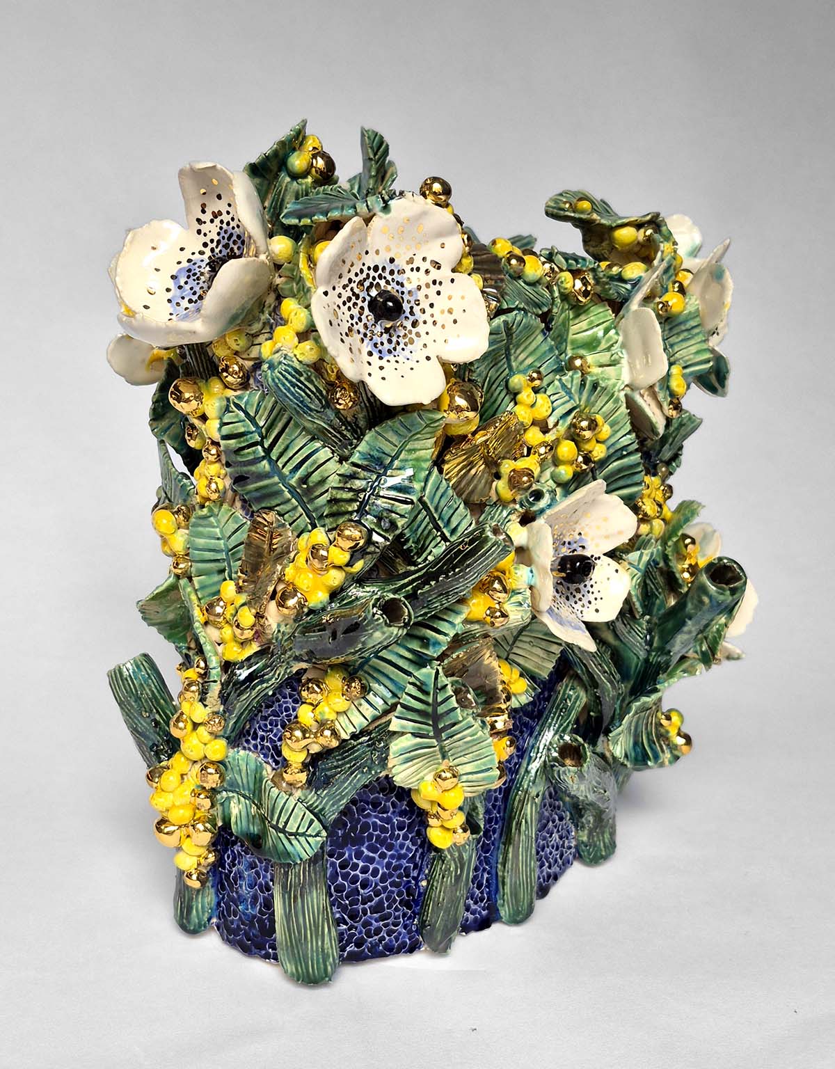 Enamelled Ceramic peas vase/sculpture with Gold - Unique Handcrafted Piece