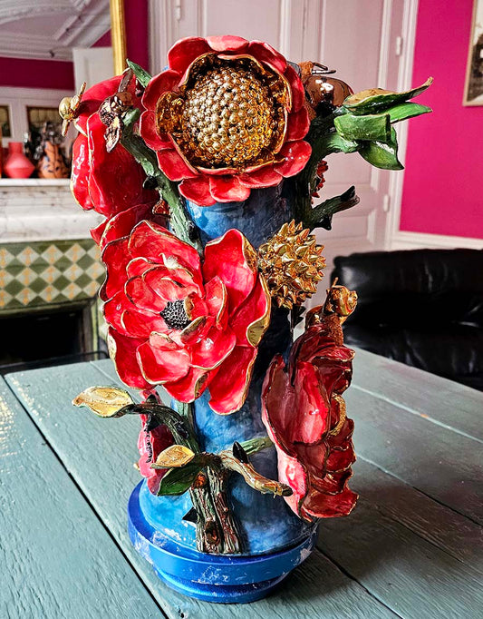 Enamelled earthenware candelabra gilded with fine 22-carat gold