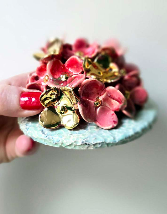Porte encens Céramique Émaillée, Hortensias et Or - Pièce Unique Fait Main