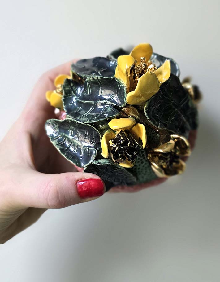 Porte encens Céramique Émaillée, Bouton d'or et Or - Pièce Unique Fait Main