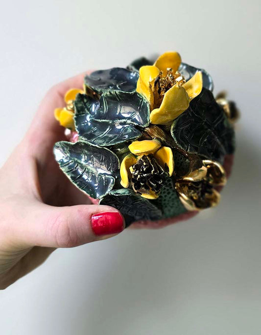 Porte encens Céramique Émaillée, Bouton d'or et Or - Pièce Unique Fait Main