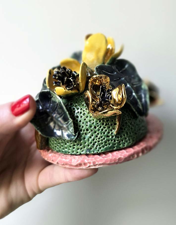 Porte encens Céramique Émaillée, Bouton d'or et Or - Pièce Unique Fait Main