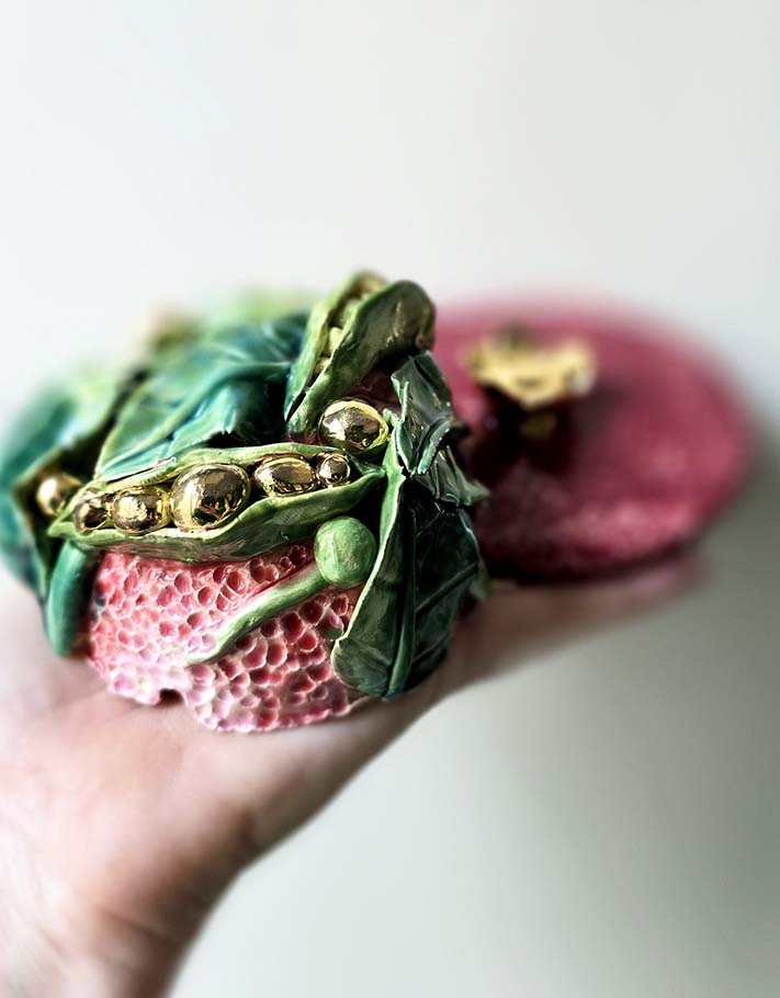 Porte encens Céramique Émaillée, Petits pois et Or - Pièce Unique Fait Main