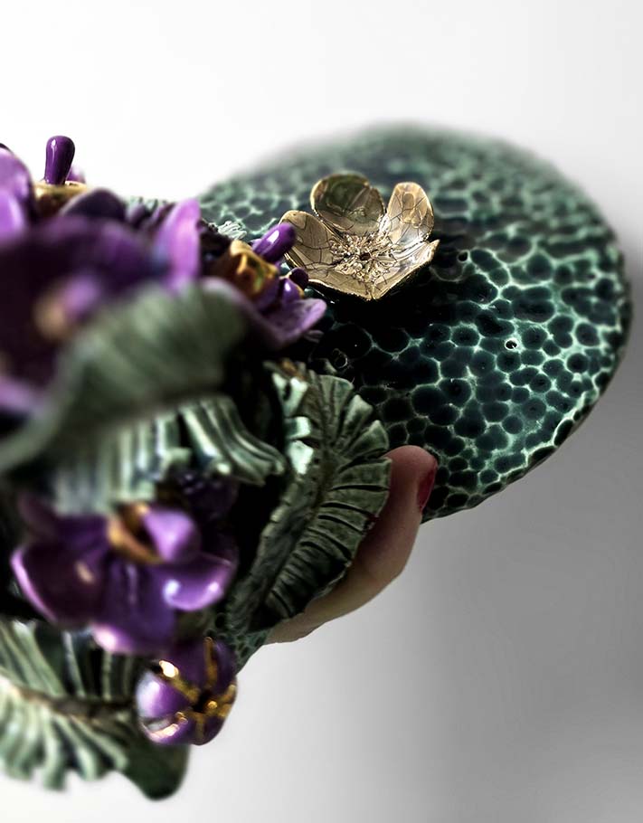 Porte encens Céramique Émaillée, Pensées et Or - Pièce Unique Fait Main