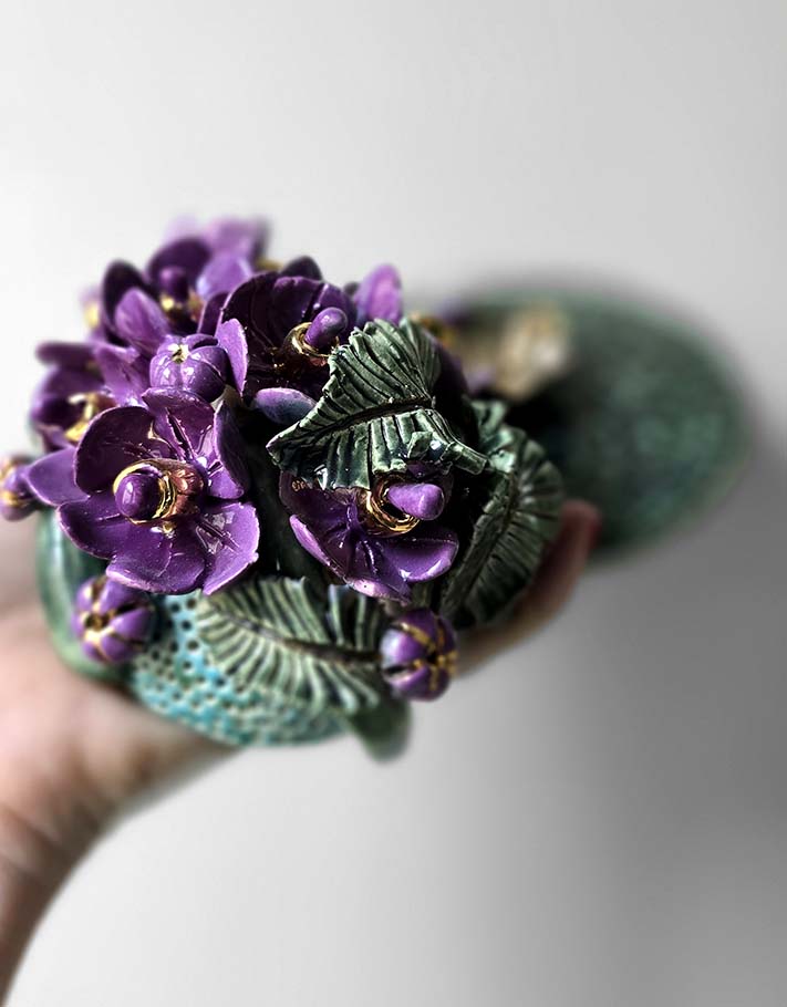 Porte encens Céramique Émaillée, Pensées et Or - Pièce Unique Fait Main