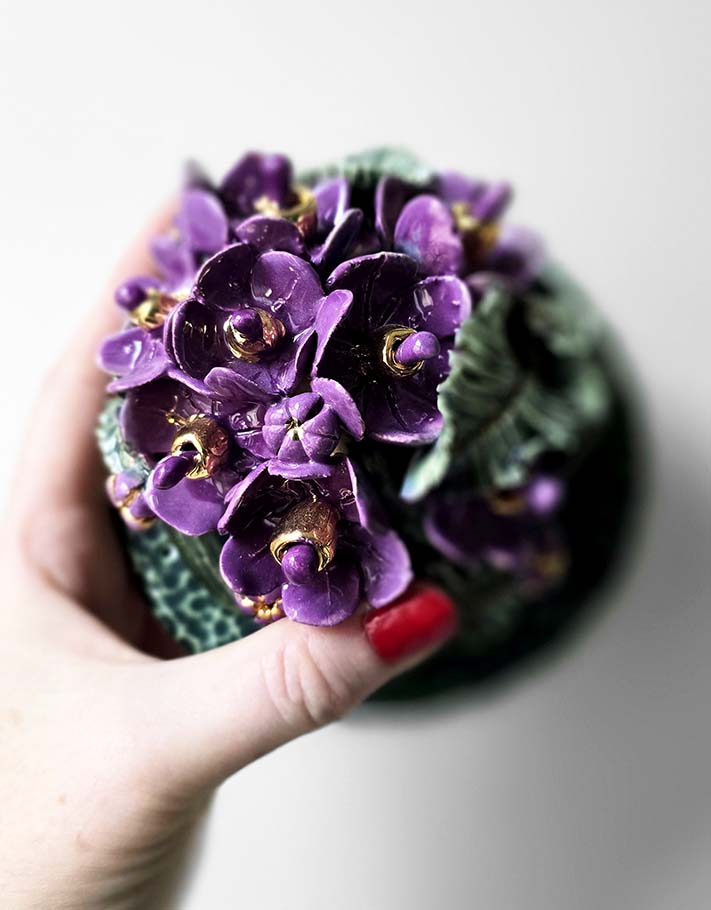 Porte encens Céramique Émaillée, Pensées et Or - Pièce Unique Fait Main