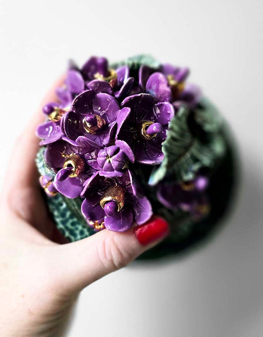 Porte encens Céramique Émaillée, Pensées et Or - Pièce Unique Fait Main