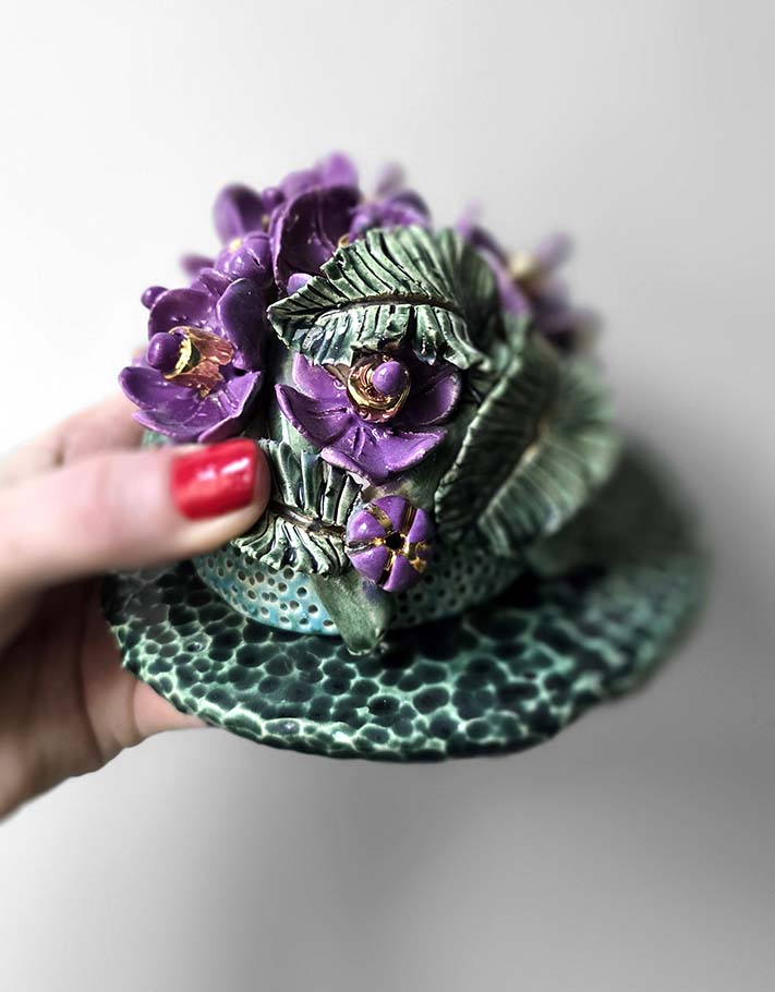 Porte encens Céramique Émaillée, Pensées et Or - Pièce Unique Fait Main