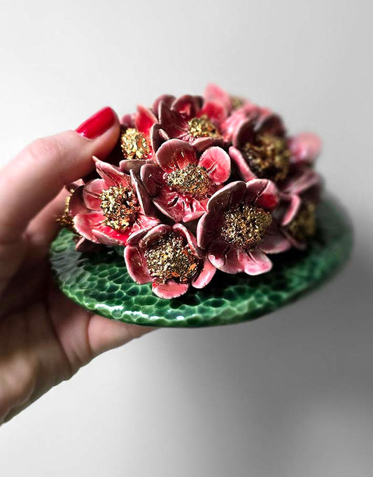 Porte encens Céramique Émaillée, Pensées et Or - Pièce Unique Fait Main