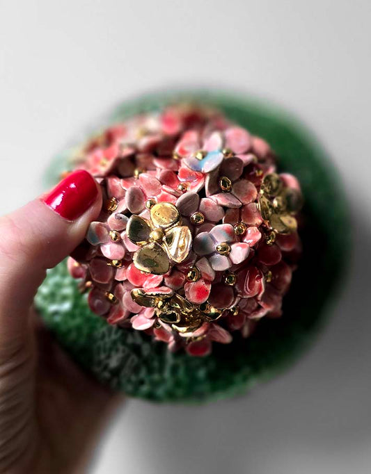 Porte encens Céramique Émaillée, Hortensias et Or - Pièce Unique Fait Main