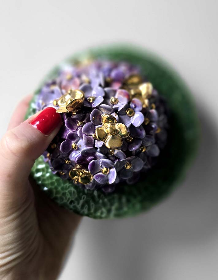 Porte encens Céramique Émaillée, Hortensias et Or - Pièce Unique Fait Main