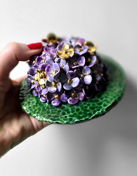 Porte encens Céramique Émaillée, Hortensias et Or - Pièce Unique Fait Main