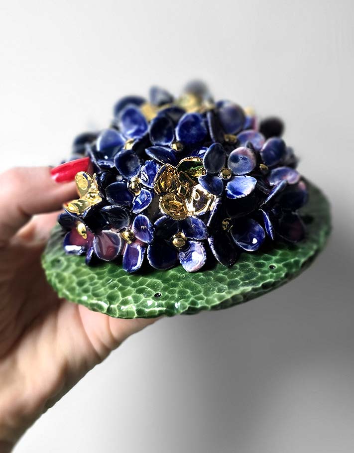 Porte encens Céramique Émaillée, Pensées et Or - Pièce Unique Fait Main