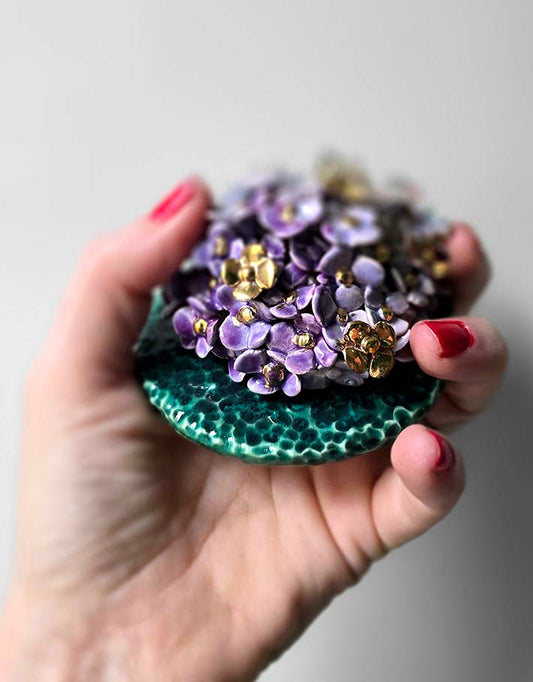 Porte encens Céramique Émaillée, Hortensias et Or - Pièce Unique Fait Main
