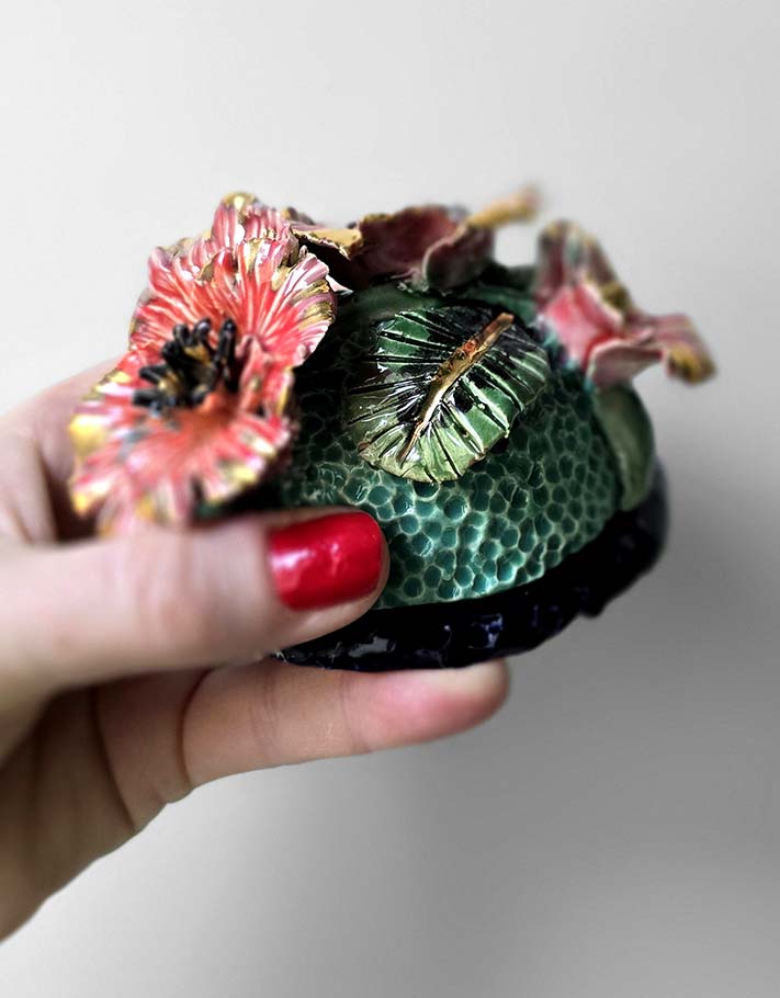 Porte encens Céramique Émaillée, Coquelicots et Or - Pièce Unique Fait Main