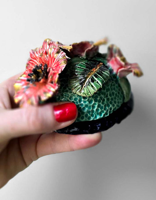 Porte encens Céramique Émaillée, Coquelicots et Or - Pièce Unique Fait Main