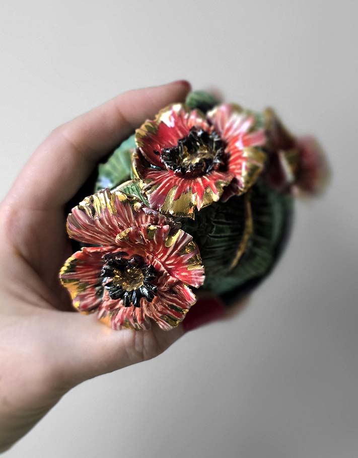 Porte encens Céramique Émaillée, Coquelicots et Or - Pièce Unique Fait Main