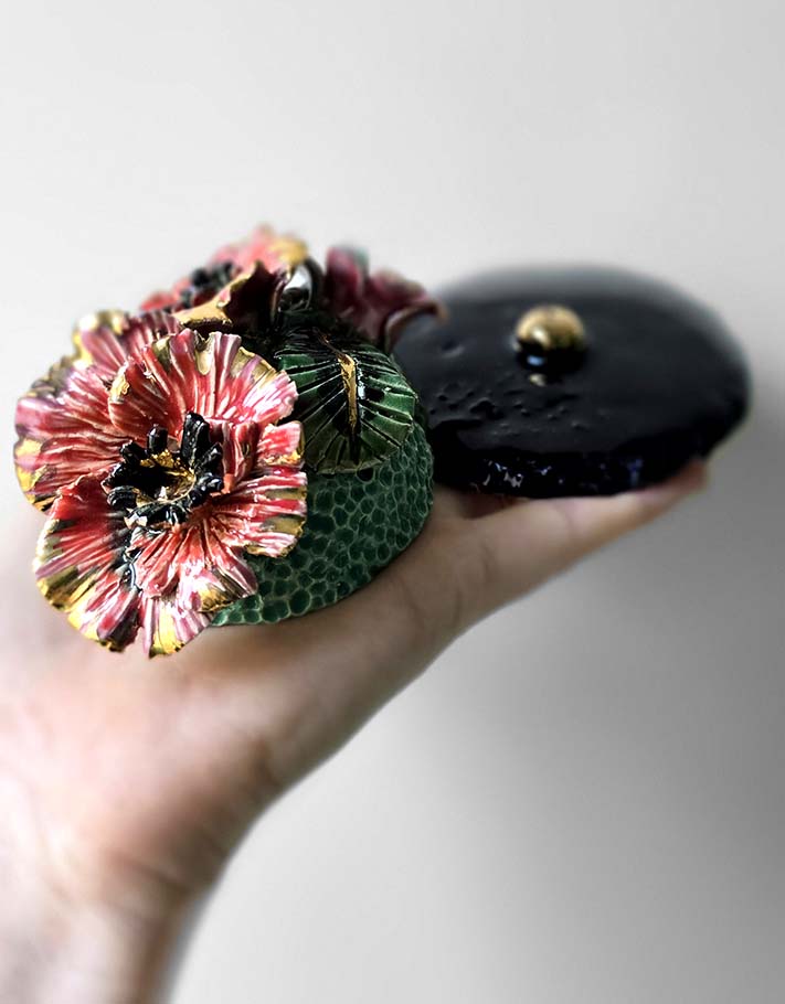 Porte encens Céramique Émaillée, Coquelicots et Or - Pièce Unique Fait Main