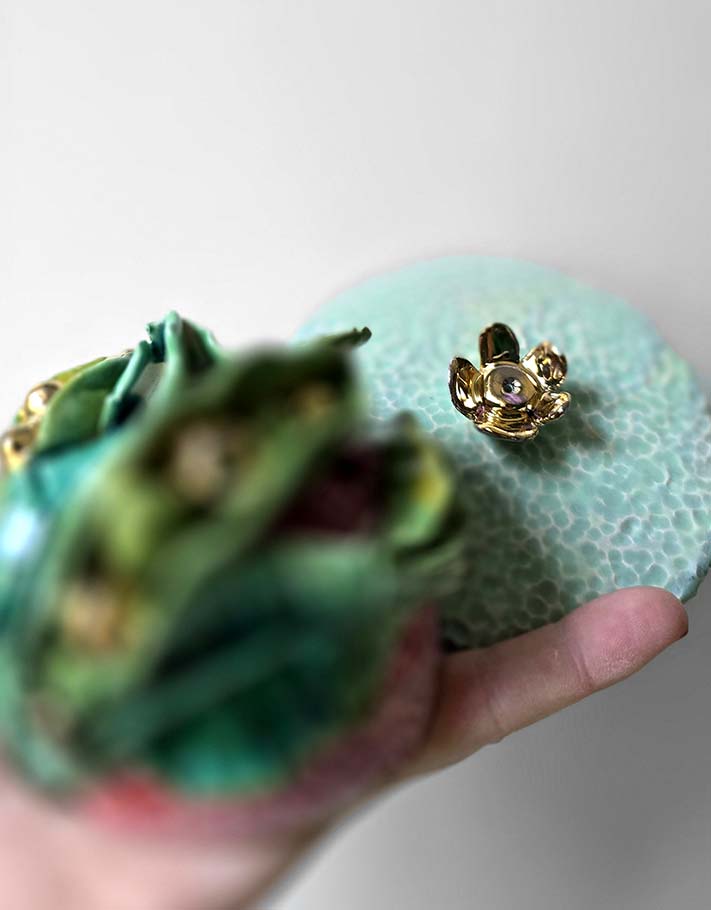 Porte encens Céramique Émaillée, Petits pois et Or - Pièce Unique Fait Main