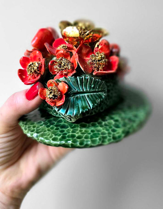 Porte encens Céramique Émaillée, Fleurs de fraisier et Or - Pièce Unique Fait Main