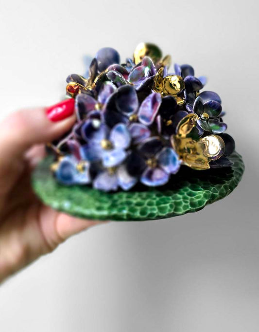 Porte encens Céramique Émaillée, Hortensias et Or - Pièce Unique Fait Main