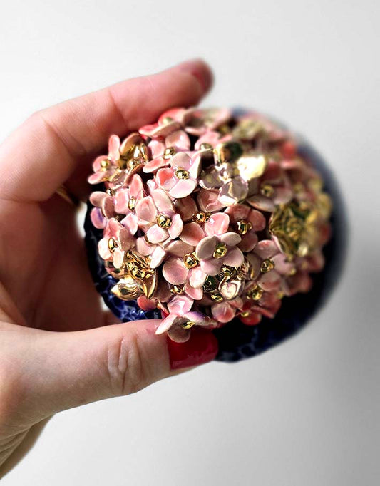 Porte encens Céramique Émaillée, Hortensias et Or - Pièce Unique Fait Main