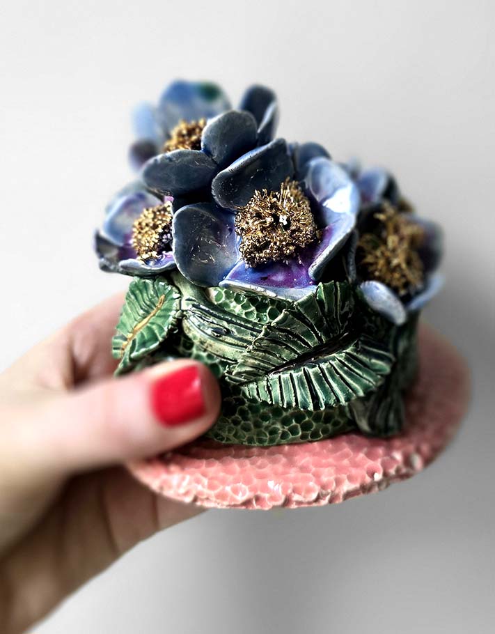 Porte encens Céramique Émaillée, Fleurs de pommier et Or - Pièce Unique Fait Main