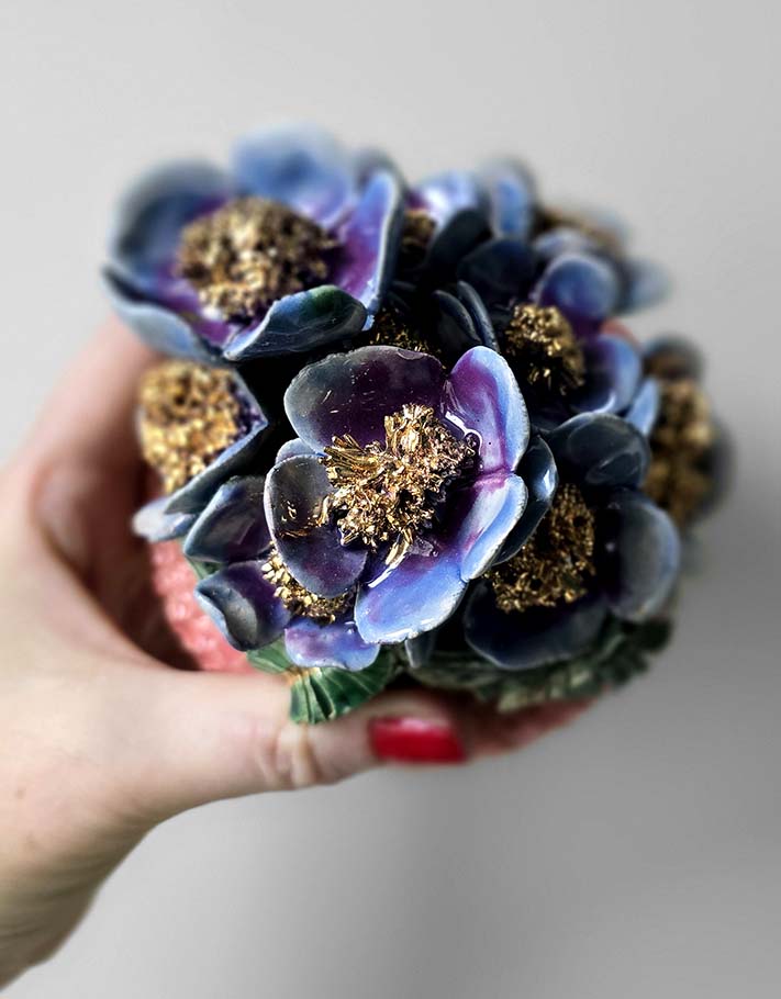 Porte encens Céramique Émaillée, Fleurs de pommier et Or - Pièce Unique Fait Main