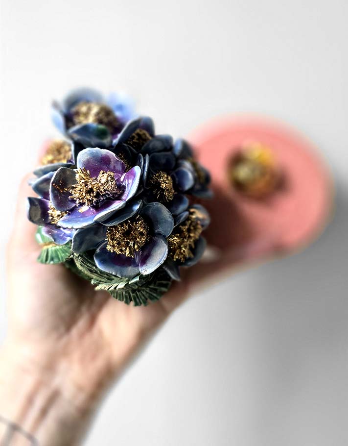 Porte encens Céramique Émaillée, Fleurs de pommier et Or - Pièce Unique Fait Main